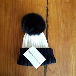 Adrienne Landau knit beanie with fox fur pompom.
